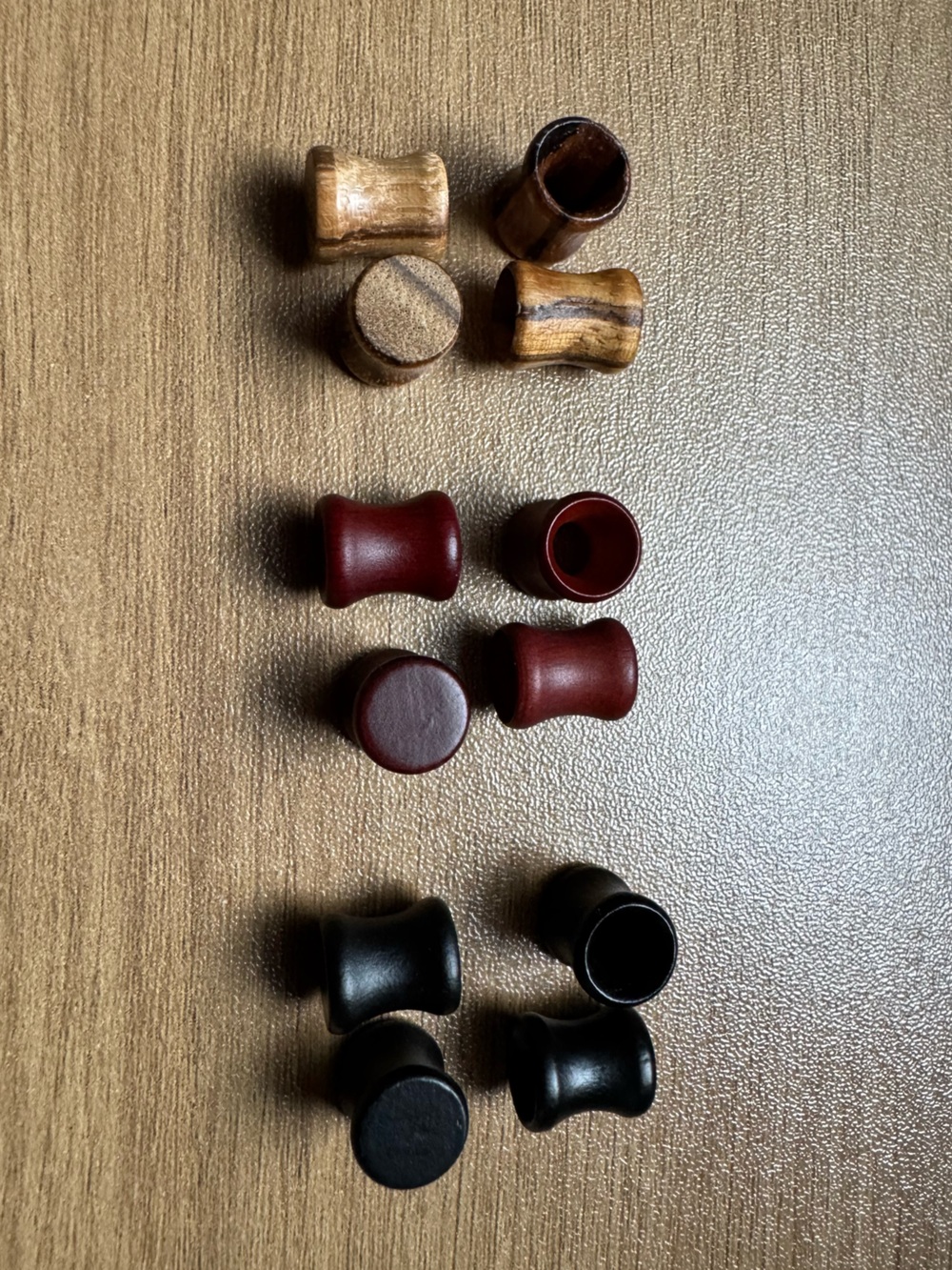Wooden Ear Tunnel Plug Set — Black, Burgundy, Natural Wood
